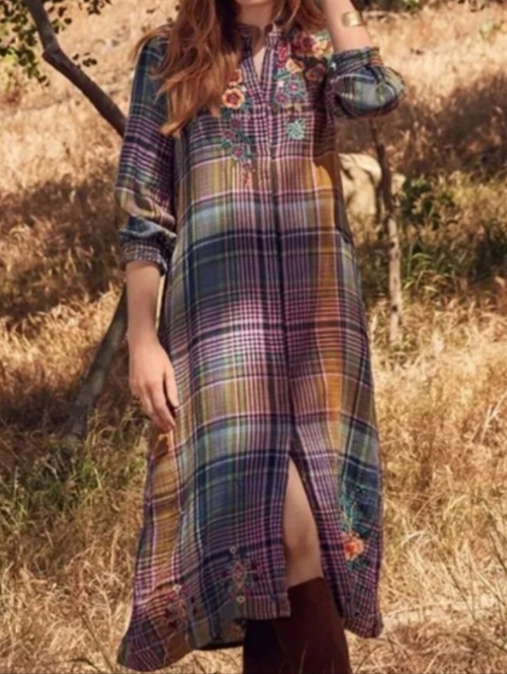 Johnny Was Boho Embroidered Francisca Seaside Cotton Shift Plaid Midi Dress